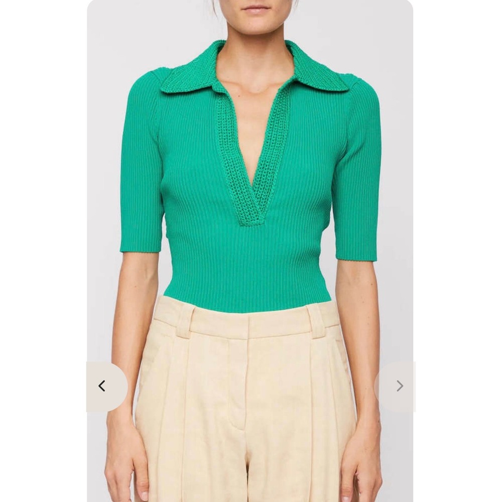 A.L.C. Adrian Crochet Green Ribbed Knit Polo V-Neck Elbow Sleeve Top Large $395